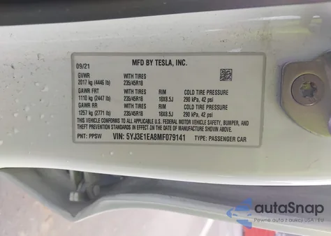 2021 Tesla Model 3 Standard Range Plus Rear-Wheel Drive from USA, damaged, VIN 5YJ3E1EA8MF079141
